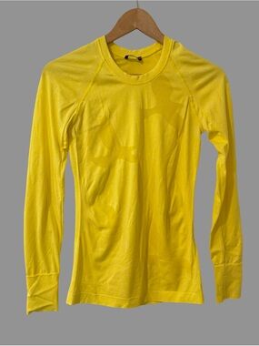 Oiselle Yellow Birds Print Long Sleeve Crew Neck Base Layer S
